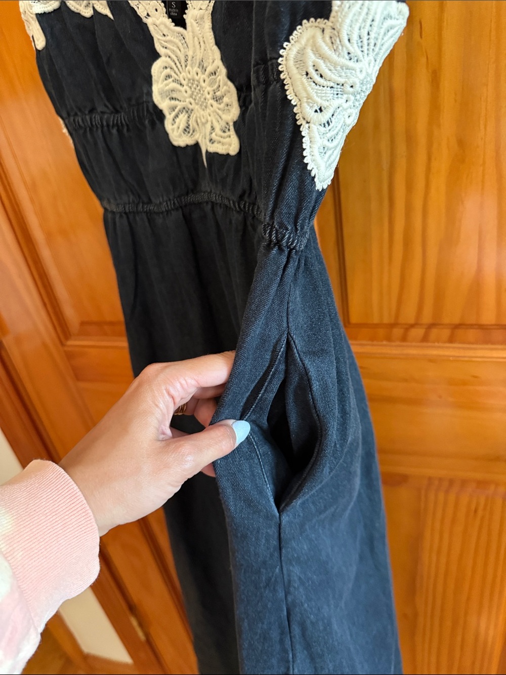 En Saison Natalia Crochet Trim Tie Shoulder Midi Dress Vintage Indigo Size Small - Picture 10 of 16